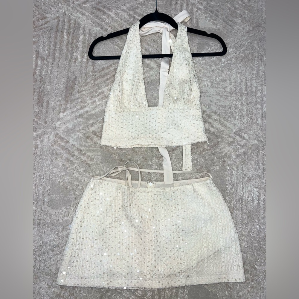 White Sequin Halter Top and Skirt Set